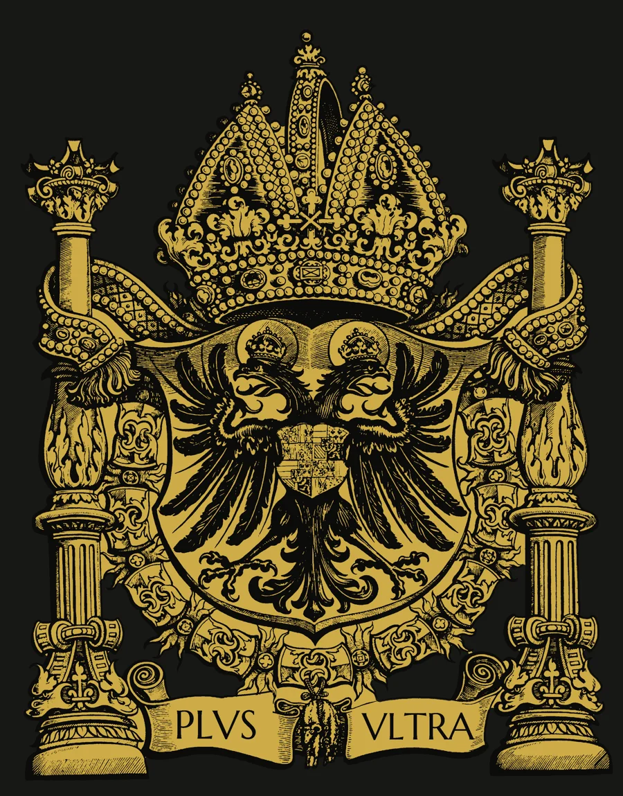 Armas del emperador Carlos V con el lema PLVS VLTRA, según la xilografía de Heinrich Vogtherr (hacia 1547/48)