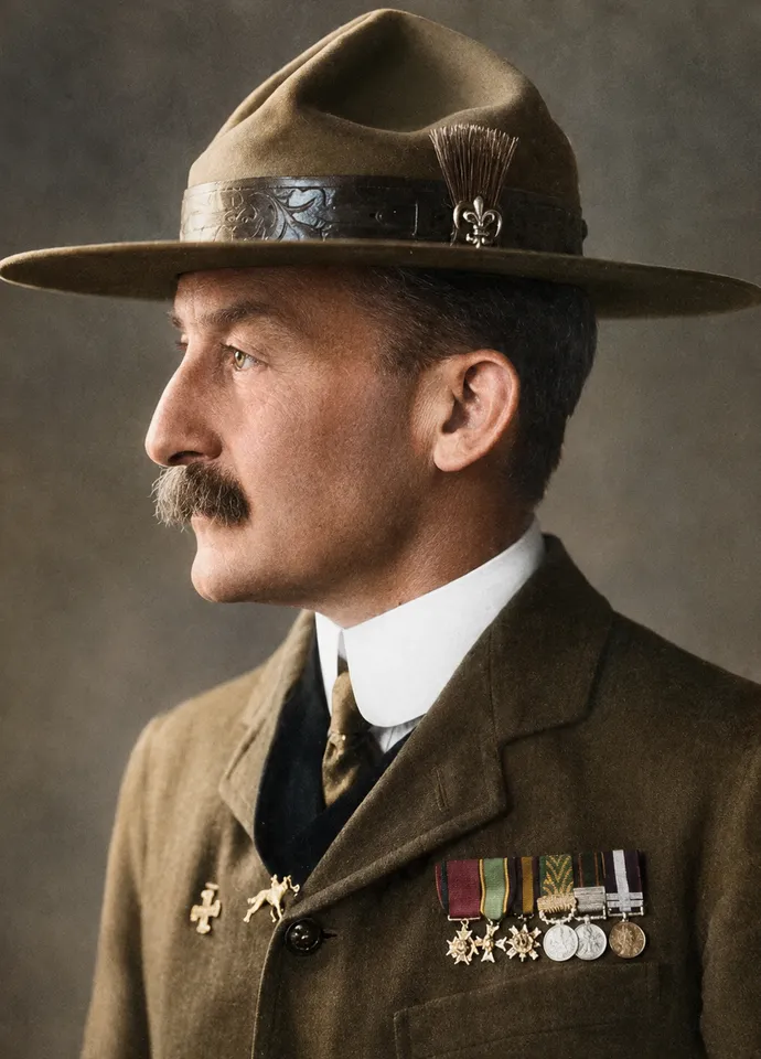 Robert Baden-Powell in profile, wearing the Scout hat